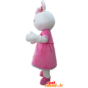 Mascot conejo bastante blanca, vestida con un vestido de color rosa - MASFR23305 - Mascota de conejo