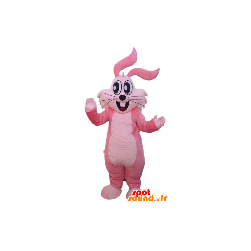 Mascote coelho rosa, gigante, alegre e sorrindo - MASFR23306 - coelhos mascote