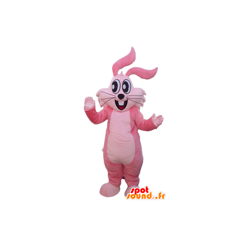 Mascotte de lapin rose, géant, jovial et souriant - MASFR23306 - Mascotte de lapins