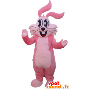 Pink rabbit mascot, giant, cheerful and smiling - MASFR23306 - Rabbit mascot