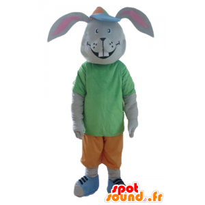 Gray rabbit mascot, smiling, with a colorful outfit - MASFR23308 - Rabbit mascot