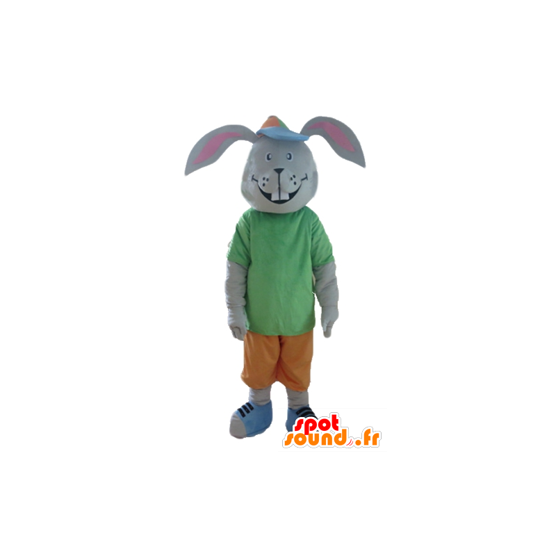 Graue Kaninchen Maskottchen, lächelnd, mit einem bunten Outfit - MASFR23308 - Hase Maskottchen