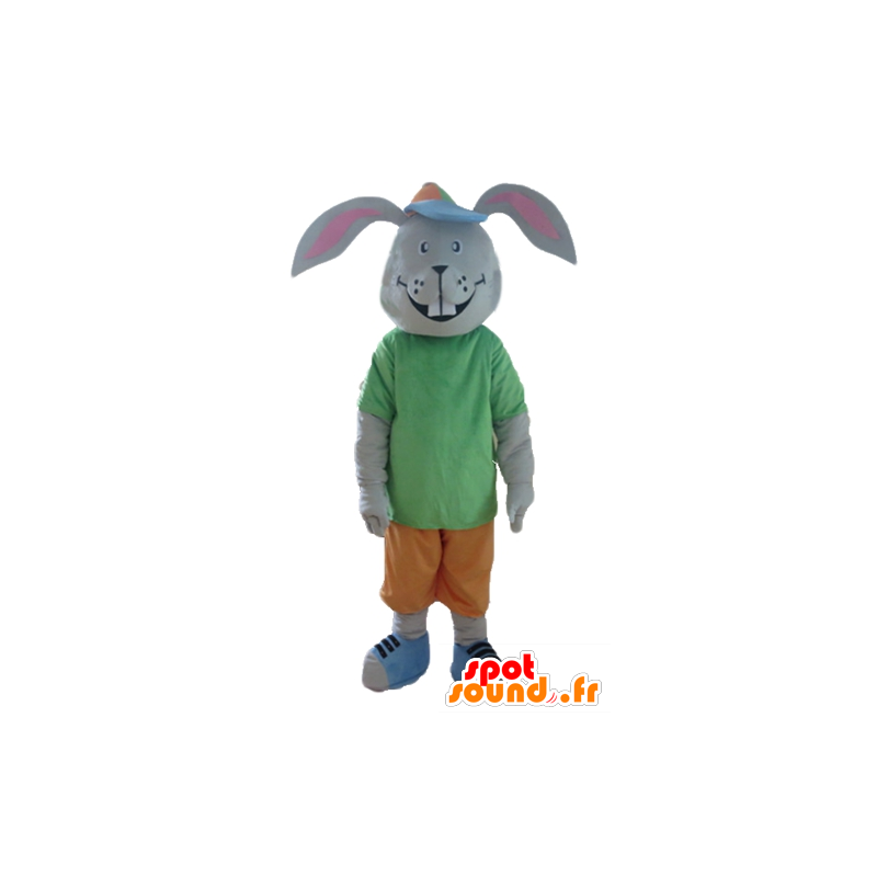 Mascotte de lapin gris, souriant, avec une tenue colorée - MASFR23308 - Mascotte de lapins