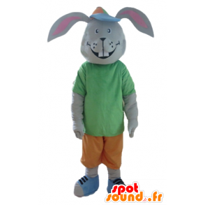 Graue Kaninchen Maskottchen, lächelnd, mit einem bunten Outfit - MASFR23308 - Hase Maskottchen