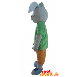 Mascote coelho cinza, sorrindo, com uma roupa colorida - MASFR23308 - coelhos mascote