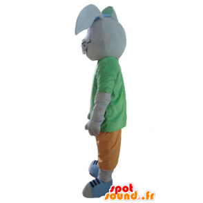 Gray rabbit mascot, smiling, with a colorful outfit - MASFR23308 - Rabbit mascot