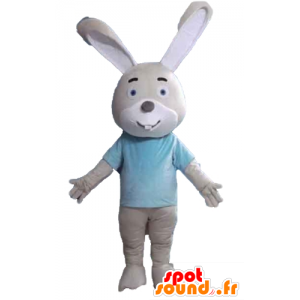 Beige and white rabbit mascot, a blue shirt - MASFR23310 - Rabbit mascot