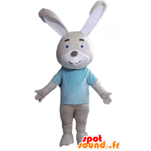 Beige und weißes Kaninchen Maskottchen, ein blaues Hemd - MASFR23310 - Hase Maskottchen