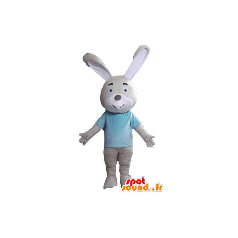 Beige and white rabbit mascot, a blue shirt - MASFR23310 - Rabbit mascot