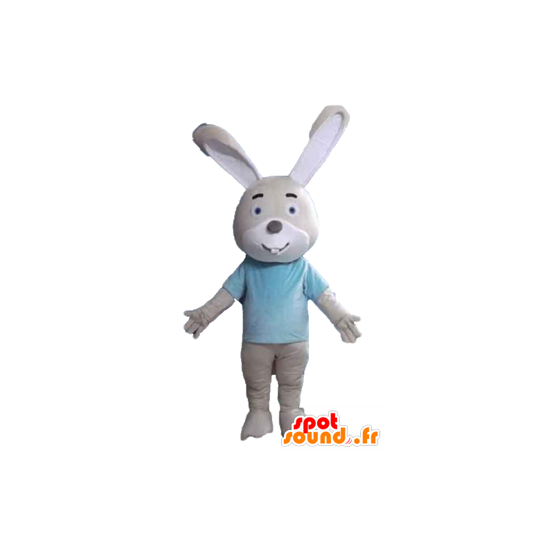 Beżowy i biały króliczek maskotka, niebieska koszula - MASFR23310 - króliki Mascot