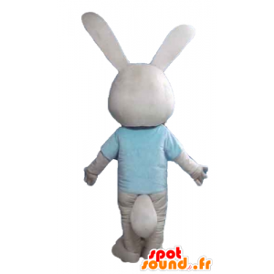 Beige and white rabbit mascot, a blue shirt - MASFR23310 - Rabbit mascot