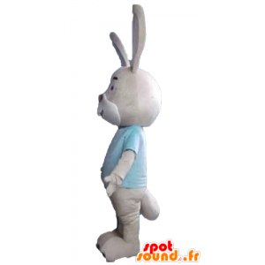 Beige e mascotte coniglio bianco, una camicia blu - MASFR23310 - Mascotte coniglio