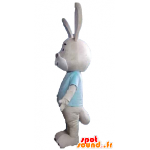 Mascotte de lapin beige et blanc, avec un t-shirt bleu - MASFR23310 - Mascotte de lapins