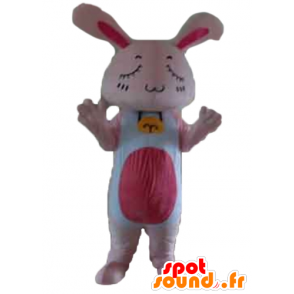 Pink and white rabbit mascot, giant, with eyes closed - MASFR23313 - Rabbit mascot