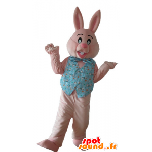 Pink bunny mascot with a shirt and a butterfly knot - MASFR23319 - Rabbit mascot