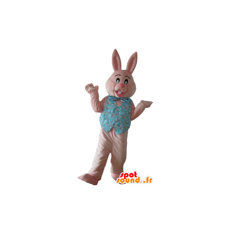 Pink bunny mascot with a shirt and a butterfly knot - MASFR23319 - Rabbit mascot