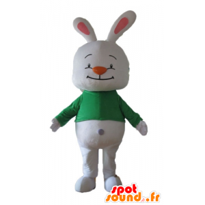 Mascotte de gros lapin blanc, avec un t-shirt vert - MASFR23320 - Mascotte de lapins