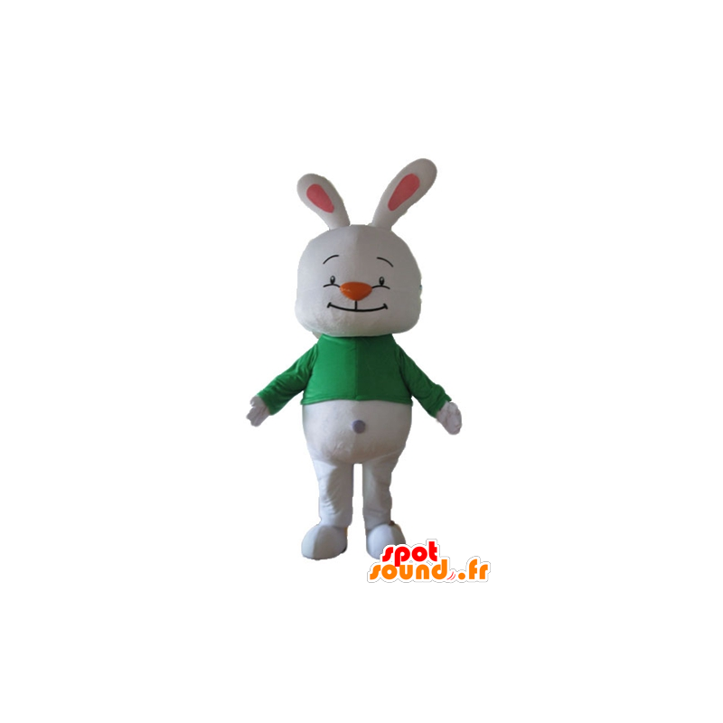 Mascotte de gros lapin blanc, avec un t-shirt vert - MASFR23320 - Mascotte de lapins