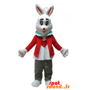 Blanca mascota conejo con una chaqueta roja y pantalón gris - MASFR23324 - Mascota de conejo