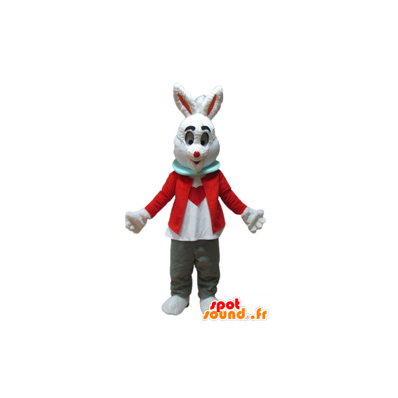 Blanca mascota conejo con una chaqueta roja y pantalón gris - MASFR23324 - Mascota de conejo