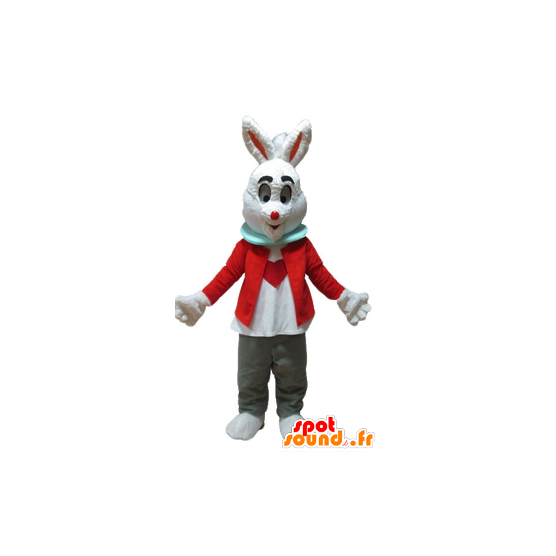 Vit kaninmaskot, med röd jacka och grå byxor - Spotsound maskot