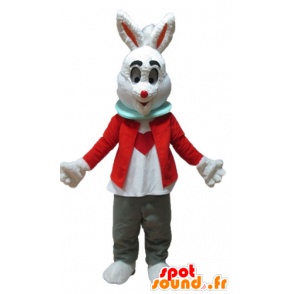 White Rabbit mascote com uma jaqueta vermelha e calça cinza - MASFR23324 - coelhos mascote