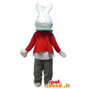 Mascotte de lapin blanc, avec une veste rouge et un pantalon gris - MASFR23324 - Mascotte de lapins