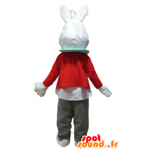 Blanca mascota conejo con una chaqueta roja y pantalón gris - MASFR23324 - Mascota de conejo