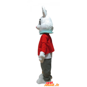 Blanca mascota conejo con una chaqueta roja y pantalón gris - MASFR23324 - Mascota de conejo