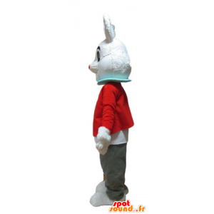 White Rabbit mascote com uma jaqueta vermelha e calça cinza - MASFR23324 - coelhos mascote