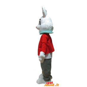 White Rabbit μασκότ με ένα κόκκινο σακάκι και γκρι παντελόνι - MASFR23324 - μασκότ κουνελιών
