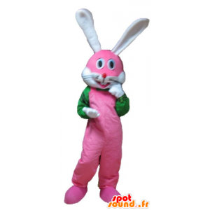 Pink bunny mascot, white and green, very smiling - MASFR23326 - Rabbit mascot