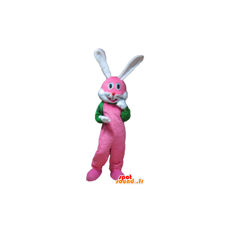 Pink bunny mascot, white and green, very smiling - MASFR23326 - Rabbit mascot