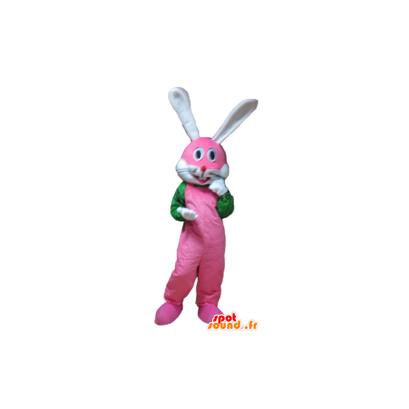 Roze konijn mascotte, wit en groen, zeer glimlachende - MASFR23326 - Mascot konijnen