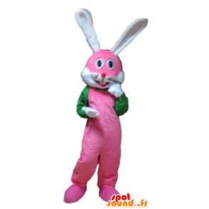 Mascotte de lapin rose, blanc et vert, très souriant - MASFR23326 - Mascotte de lapins