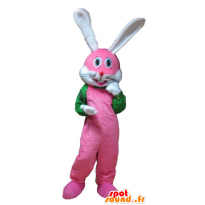 Pink bunny mascot, white and green, very smiling - MASFR23326 - Rabbit mascot