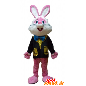 Mascotte rosa e bianco coniglio con un giubbotto colorato - MASFR23327 - Mascotte coniglio