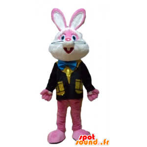 Rosa og hvit kanin maskot med en fargerik vest - MASFR23327 - Mascot kaniner