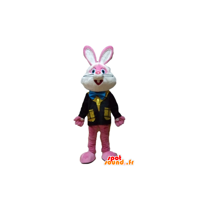 Mascotte rosa e bianco coniglio con un giubbotto colorato - MASFR23327 - Mascotte coniglio