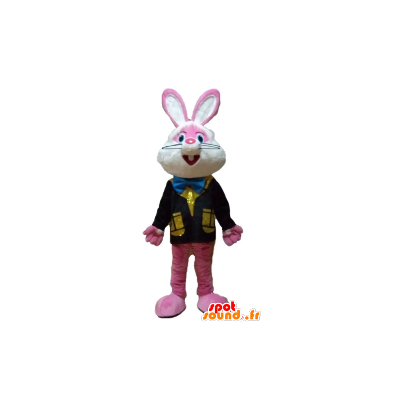 Pink and white rabbit mascot with a colorful vest - MASFR23327 - Rabbit mascot