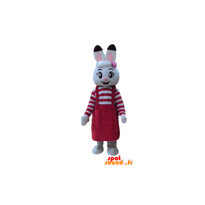 Weiße Kaninchen-Maskottchen mit einem roten Kleid - MASFR23328 - Hase Maskottchen