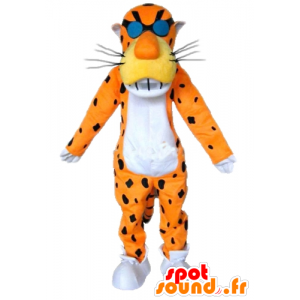 Orange tiger maskot, hvid og sort, med briller - Spotsound