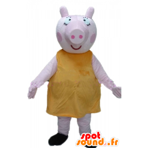 Mascotte de gros cochon rose, avec une robe jaune, dodu et drôle - MASFR23356 - Mascottes Cochon