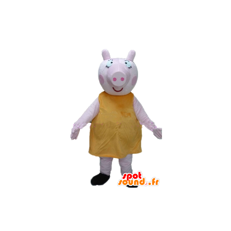 Big rosa Schwein-Maskottchen mit eine gelbe Farbe, prall und lustig - MASFR23356 - Maskottchen Schwein