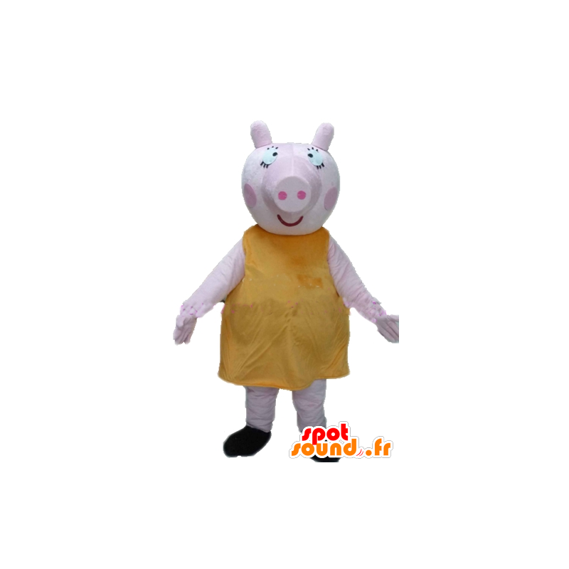 Maskott stor rosa gris, med en gul klänning, fyllig och rolig -