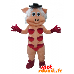 Mascotte de cochonne rose, avec des sous-vêtements rouges - MASFR23397 - Mascottes Cochon