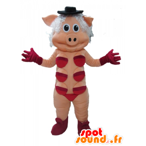 Rosa freche Maskottchen mit roter Unterwäsche - MASFR23397 - Maskottchen Schwein