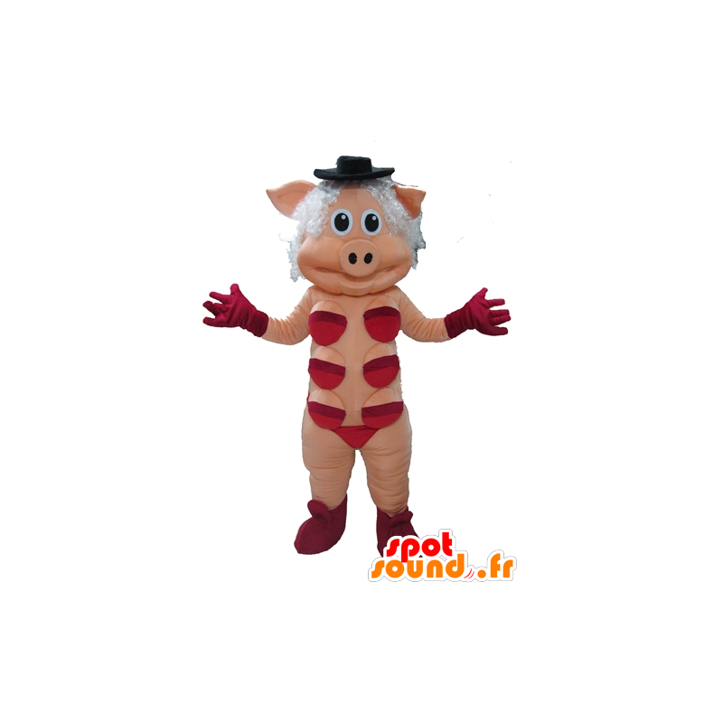 Mascote impertinente rosa com o roupa interior vermelho - MASFR23397 - mascotes porco