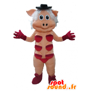 Rosa mascotte giocherellona con la biancheria intima rossa - MASFR23397 - Maiale mascotte