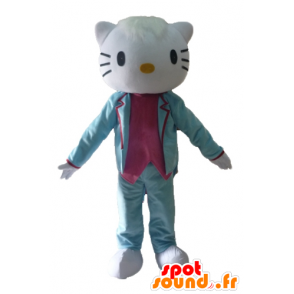 Mascotte Hello Kitty, habillée en costume bleu et rose - MASFR23411 - Mascottes Hello Kitty